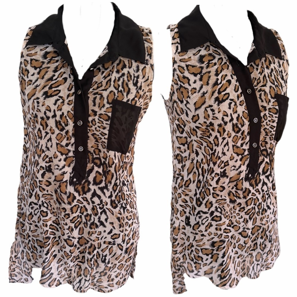 Happening in the Present-  Leopard Print Sleeveless Button Top w/ Black Trim (s)